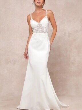 Lulus Infinite Adoration Ivory Beaded Embroidered Lace Maxi Dress size L